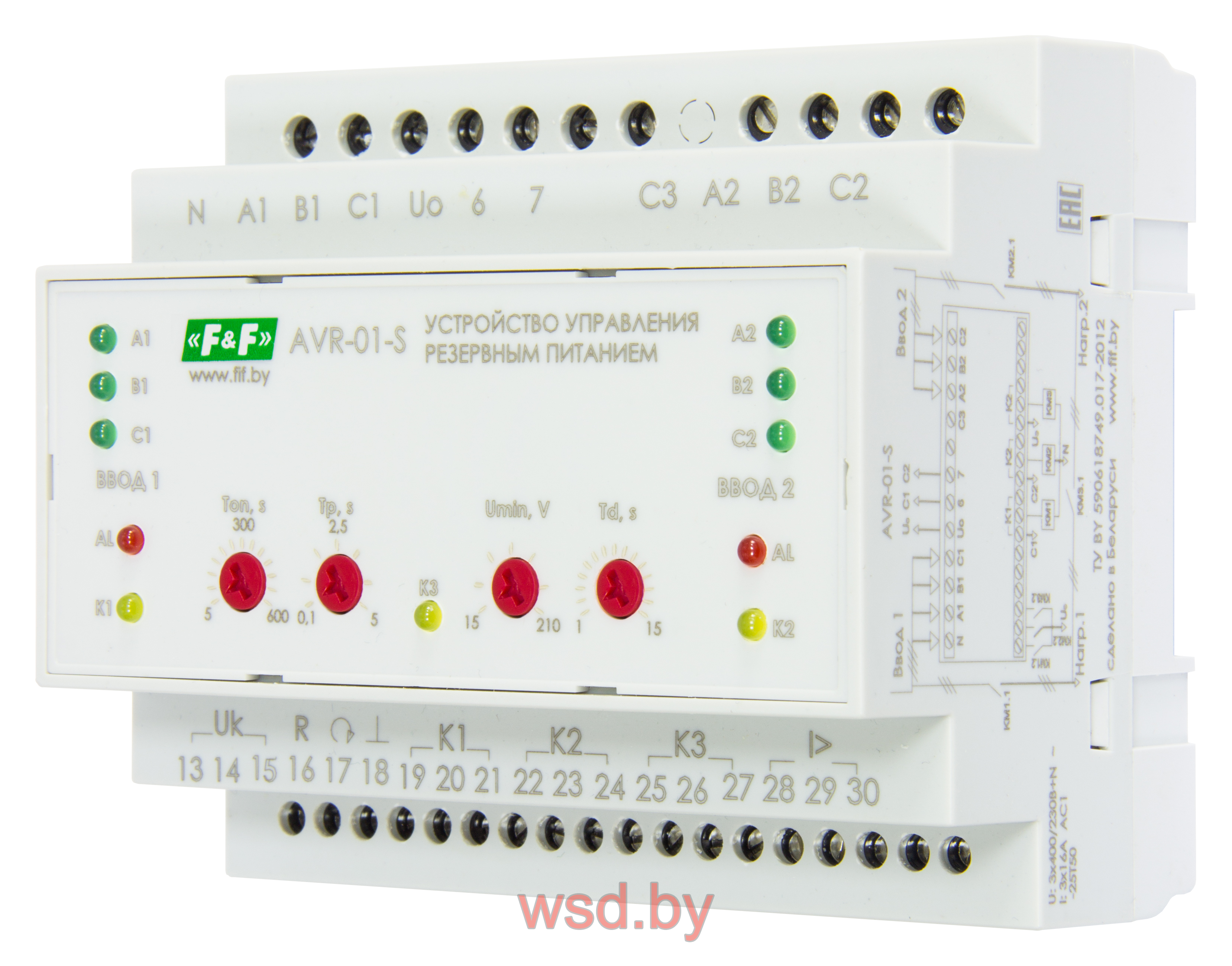 AVR-01-S Устройство управления резервным питанием для работы в блоках АВР-2.1 управление контакторами и моторприводами, 6 модулей, монтаж на DIN-рейке 3х400B+N 4х16А  4NO/NC IP20